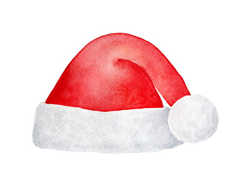 Bright red Santa hat with cute fluffy pom-pom for Christmas party. One single object, front view. Hand painted water color illustration, cut out clip art element for design, collages and decoration.
