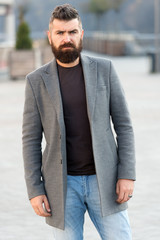 Beard fashion and barber concept. Man bearded hipster stylish fashionable coat. Bearded and cool....