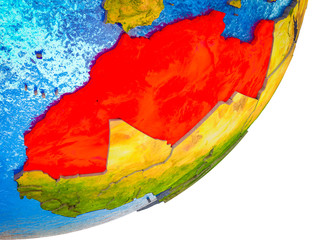 Maghreb region on 3D model of Earth with water and divided countries.