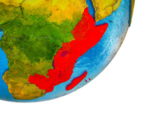 East Africa on 3D model of Earth with water and divided countries.