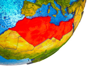 North Africa on 3D model of Earth with water and divided countries.