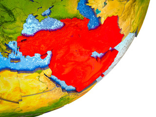 Western Asia on 3D model of Earth with water and divided countries.
