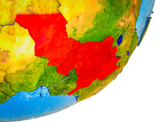 Central Africa on 3D model of Earth with water and divided countries.