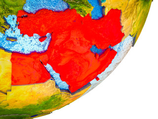 Middle East on 3D model of Earth with water and divided countries.