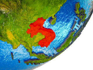 Indochina on 3D model of Earth with water and divided countries.