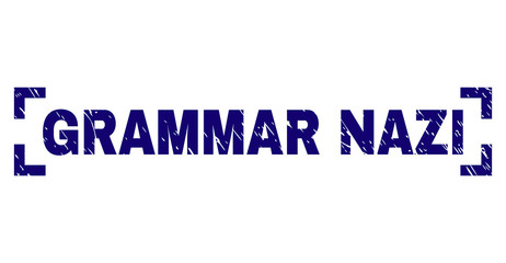 GRAMMAR NAZI text seal watermark with grunge style. Text caption is placed inside corners. Blue vector rubber print of GRAMMAR NAZI with grunge texture.