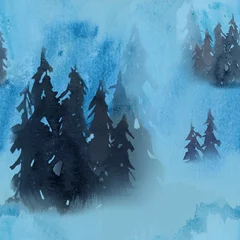 No drill blackout roller blinds Forest Blue winter seamless pattern in fog forest