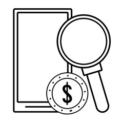 Smartphone with coin and magnifying glass