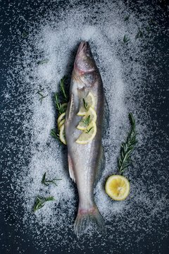Overhead view of fish with rosemary, salt and lemons
