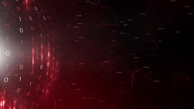 Futuristic red colored abstract computer network globe with binary numbers, view from space.