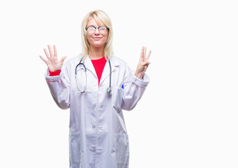 Young beautiful blonde doctor woman wearing medical uniform over isolated background showing and pointing up with fingers number eight while smiling confident and happy.