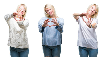 Collage of beautiful blonde woman wearing winter sweater over isolated background smiling in love showing heart symbol and shape with hands. Romantic concept.