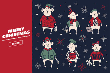 Collection of Christmas and New Year holiday elements. A large set of decorative cartoon hand drawn mice in various costumes. Festive seasonal vector illustration.