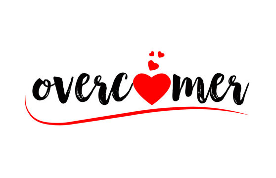 overcomer word text typography design logo icon with red love heart