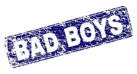 BAD BOYS stamp seal print with grunge style. Seal shape is a rounded rectangle with frame. Blue vector rubber print of BAD BOYS title with grunge style.