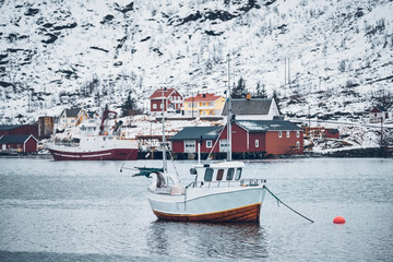 Fototapeta premium Ship in Hamnoy fishing village on Lofoten Islands, Norway