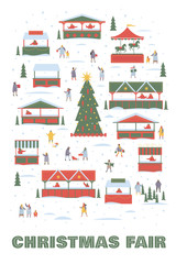 Obraz na płótnie Canvas Holiday card with image of Christmas tree on background of Christmas market and snow-covered stalls. People walk around the festive fair. Happy winter holidays. Vector colorful seasonal illustration.