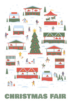 Holiday card with image of Christmas tree on background of Christmas market and snow-covered stalls. People walk around the festive fair. Happy winter holidays. Vector colorful seasonal illustration.