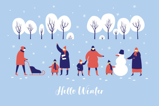 Image of winter walk of parents with children in snowy park. People make snowman and sledding in forest. Concept of active recreation. Happy winter holidays. Vector colorful seasonal illustration.