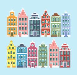 Vector illustration set of european old style colorful houses isolated on light blue color background. Dutch, Netherland style cute houses in flat style.
