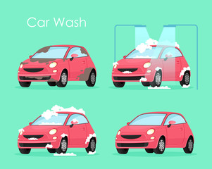Vector illustration of car wash concept. Washing car process service, red car in soap and water on green background in flat cartoon style.