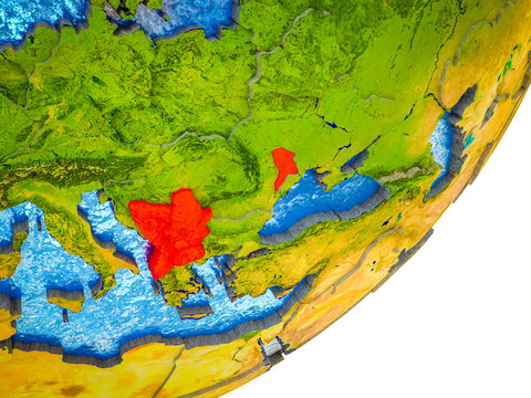 CEFTA countries on 3D model of Earth with water and divided countries.
