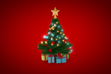 3d rendering, christmas tree with red background