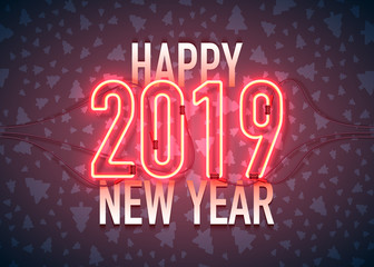 Happy New Year with neon sign 2019 on dark background. Christmas related ornaments objects on color background. Greeting Card Ready for your design. Vector Illustration.