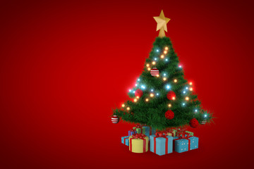 3d rendering, christmas tree with red background