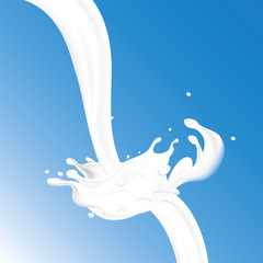 Abstract realistic milk drop with splashes and waves isolated on blue background. Falling liquid. Vector illustration