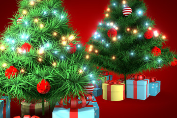 3d rendering, christmas tree with red background