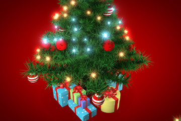 3d rendering, christmas tree with red background
