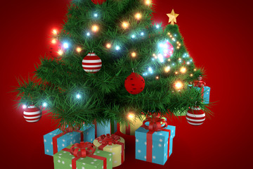 3d rendering, christmas tree with red background