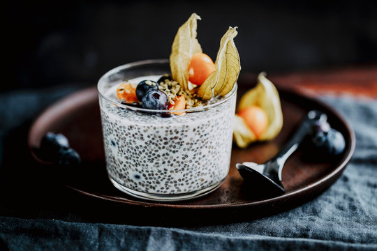 Chia pudding with almond milk and fruit