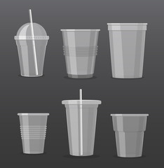 vector illustration set of empty transparent plastic disposable cups isolated on dark grey background. Takeaway drink glasses collection.