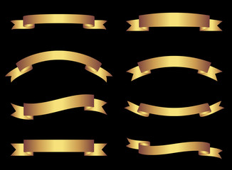 Gold vector ribbons and banners on black background, golden graphic design elements for brochures and websites