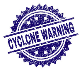 CYCLONE WARNING stamp seal watermark with distress style. Blue vector rubber print of CYCLONE WARNING label with dirty texture.