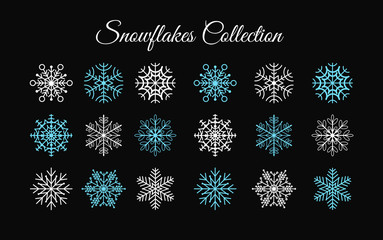 Vector illustration set of blue and white snowflakes isolated on a black background.