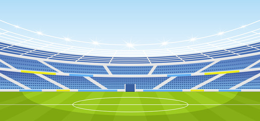 Vector illustration of empty sports stadium with lights in flat cartoon style. © Natalia