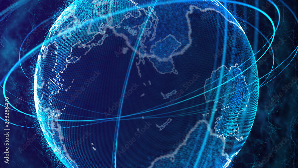 Poster Global network connection. World map point. Representing the global. Network connection. 3D rendering.