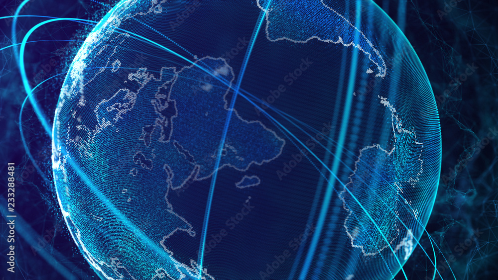 Poster Global network connection. World map point. Representing the global. Network connection. 3D rendering.
