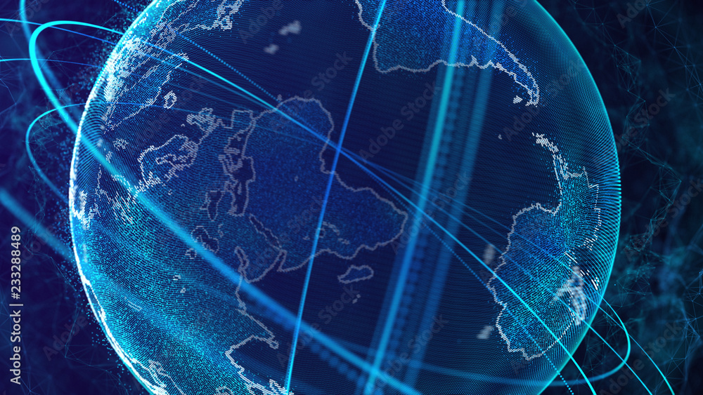 Fototapete Global network connection. World map point. Representing the global. Network connection. 3D rendering.