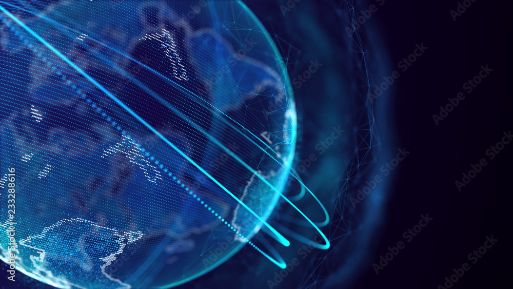 Poster Global network connection. World map point. Representing the global. Network connection. 3D rendering.