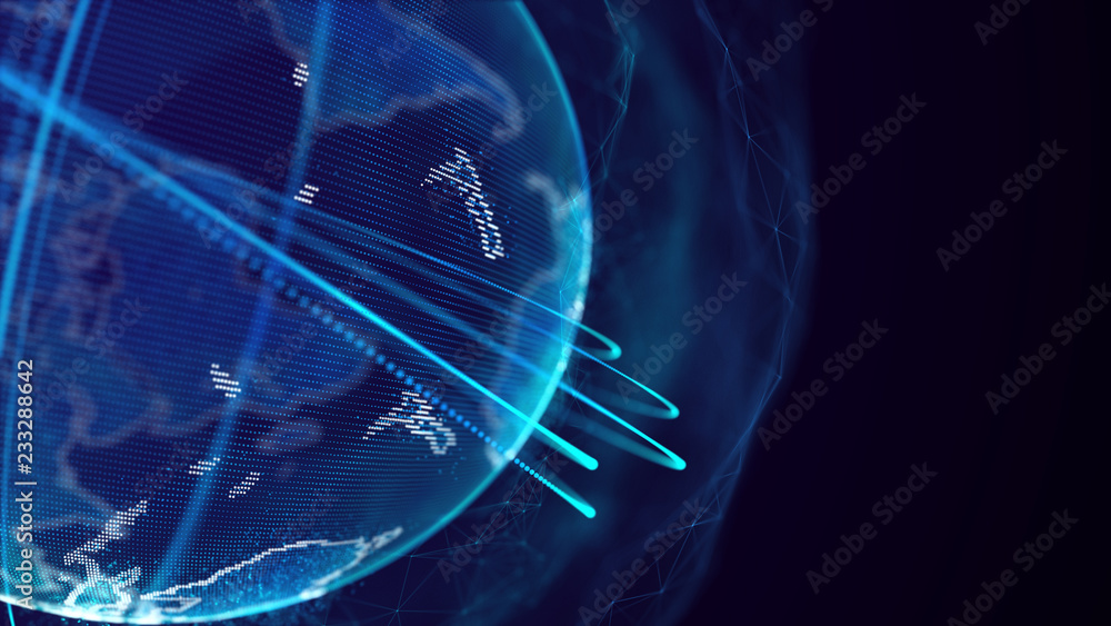 Poster Global network connection. World map point. Representing the global. Network connection. 3D rendering.