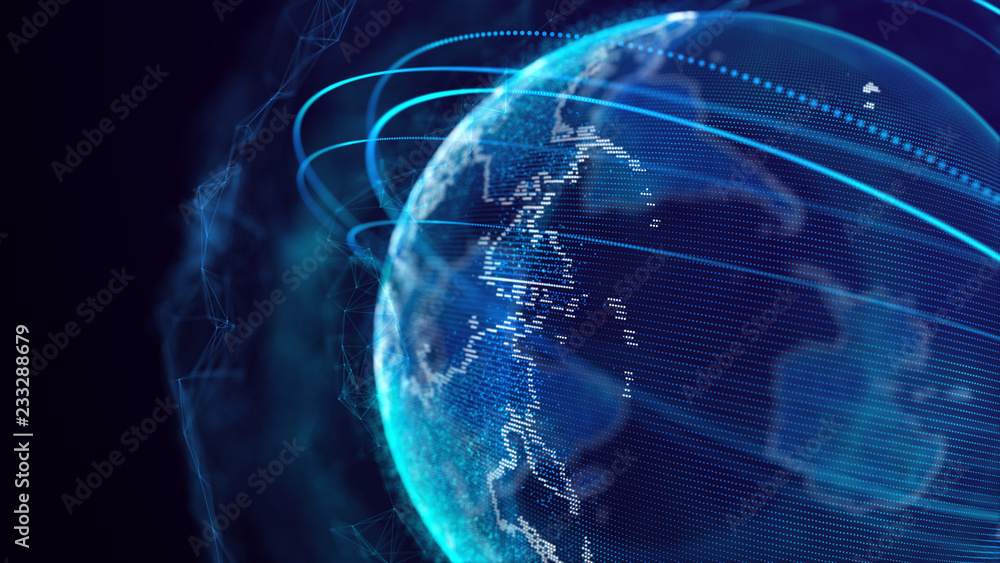 Fototapete Global network connection. World map point. Representing the global. Network connection. 3D rendering.