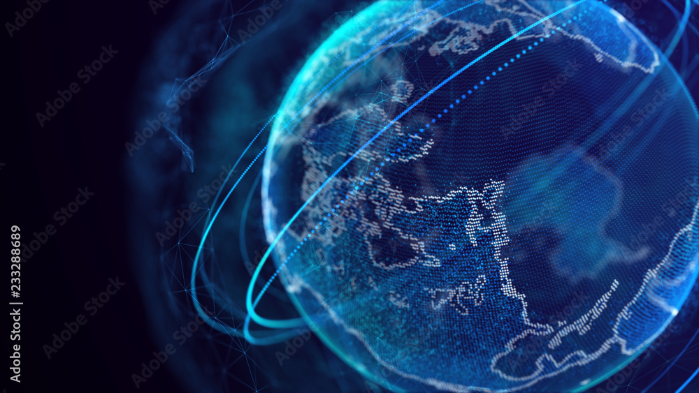 Poster Global network connection. World map point. Representing the global. Network connection. 3D rendering.