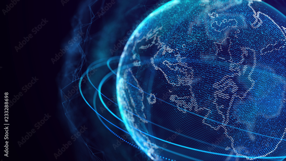 Poster Global network connection. World map point. Representing the global. Network connection. 3D rendering.