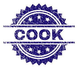 COOK stamp seal watermark with distress style. Blue vector rubber print of COOK label with dirty texture.