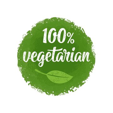 100 vegetarian lettering with leaf. Vector vintage green circle sticker