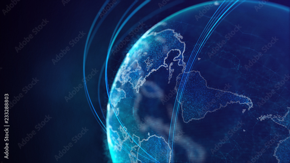 Fototapete Global network connection. World map point. Representing the global. Network connection. 3D rendering.
